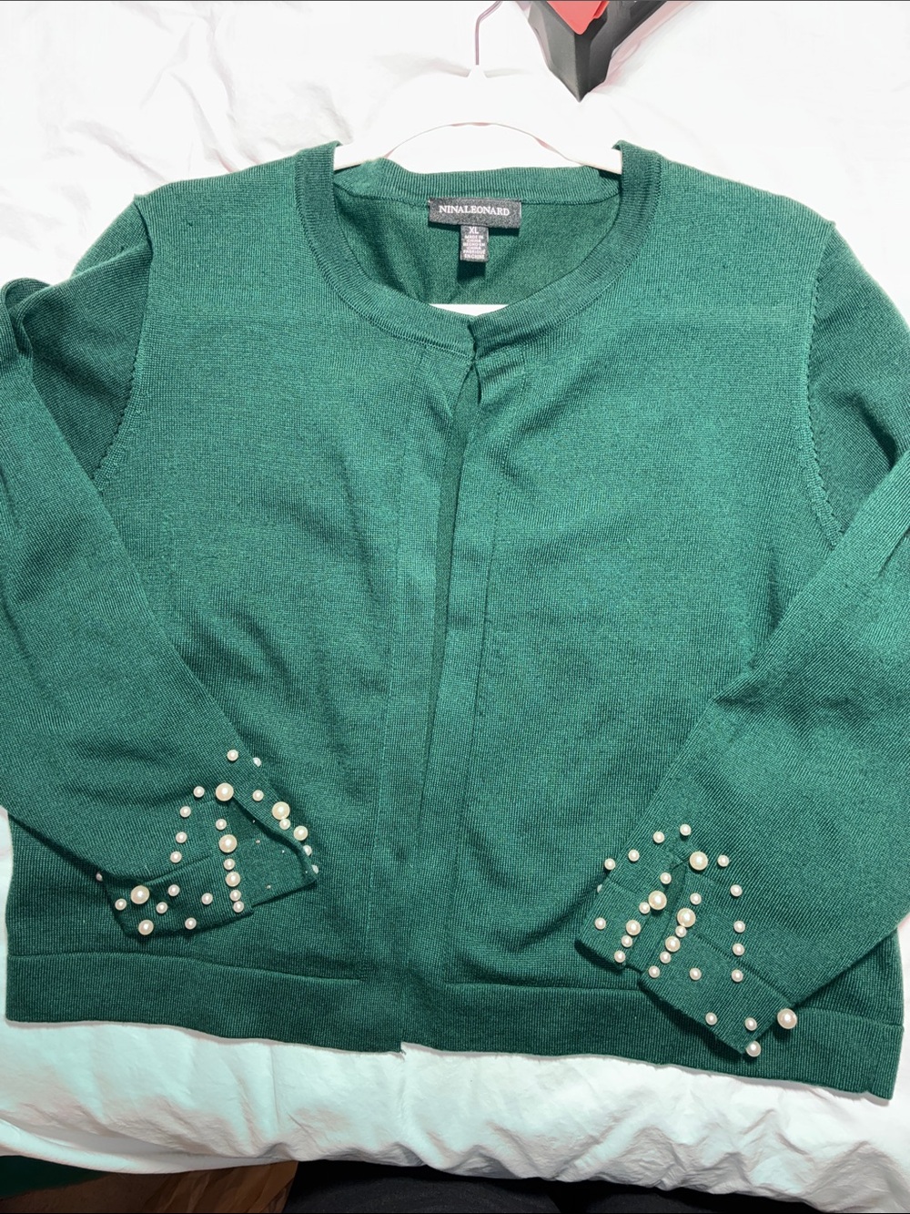 Nina Leonard Deep Green Pearl-Cuff Open Front Sweater Cardigan size xl